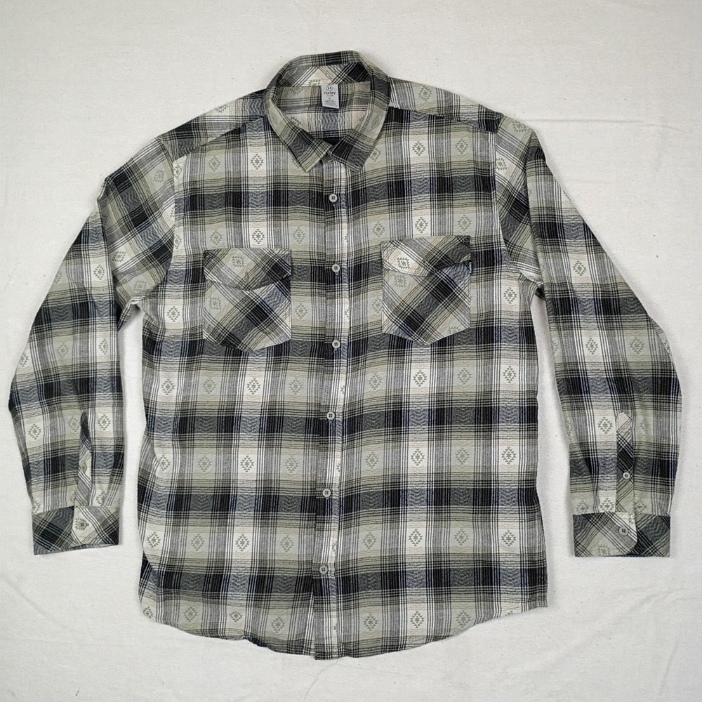 Hurley Mens XL Gray Plaid Flannel Shirt Geometric Print Pockets Long Sleeve